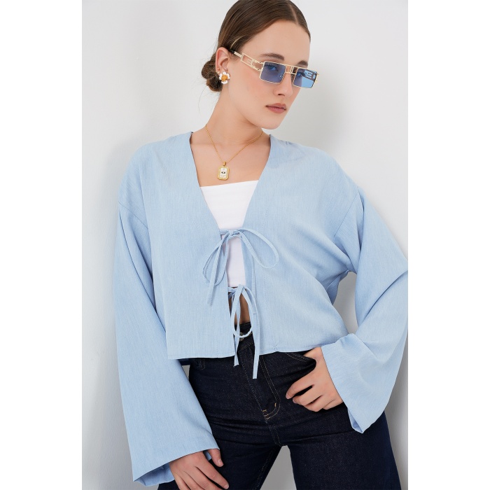 Önü Bağlamalı Keten Kimono 960 - Mavi
