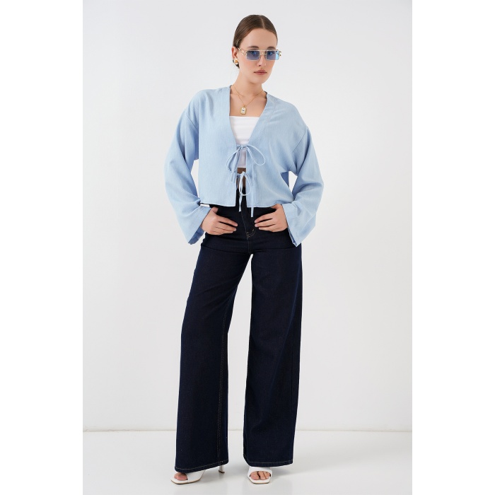 Önü Bağlamalı Keten Kimono 960 - Mavi