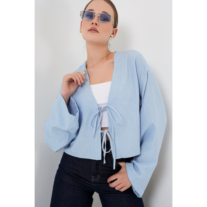 Önü Bağlamalı Keten Kimono 960 - Mavi
