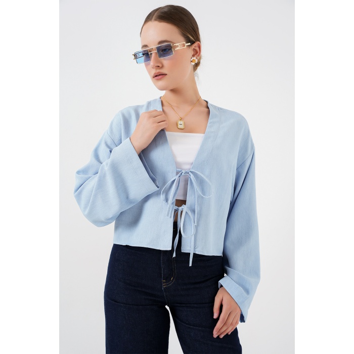 Önü Bağlamalı Keten Kimono 960 - Mavi