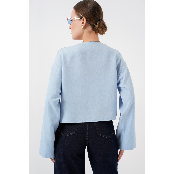 Önü Bağlamalı Keten Kimono 960 - Mavi