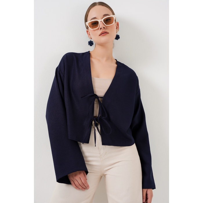 Önü Bağlamalı Keten Kimono 960 - Lacivert