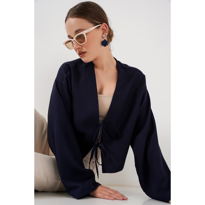 Önü Bağlamalı Keten Kimono 960 - Lacivert