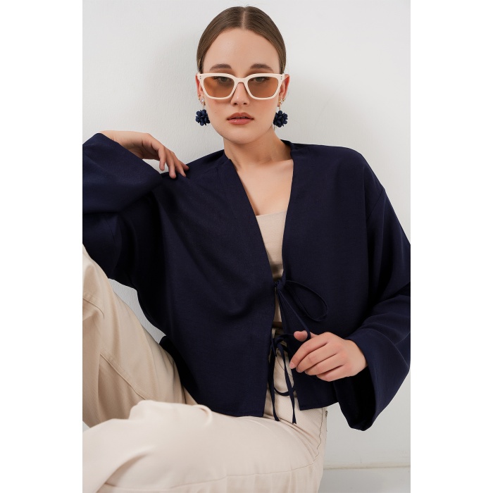 Önü Bağlamalı Keten Kimono 960 - Lacivert