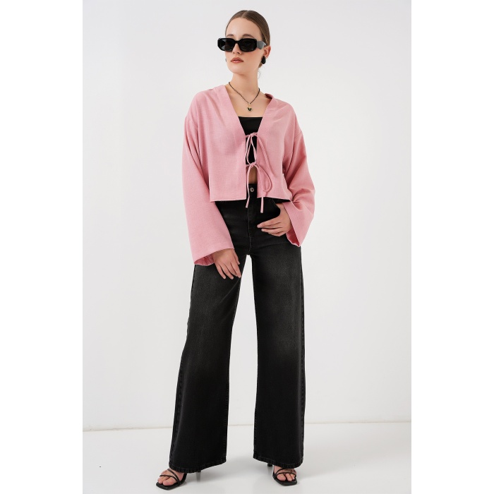 Önü Bağlamalı Keten Kimono 960 - Pudra