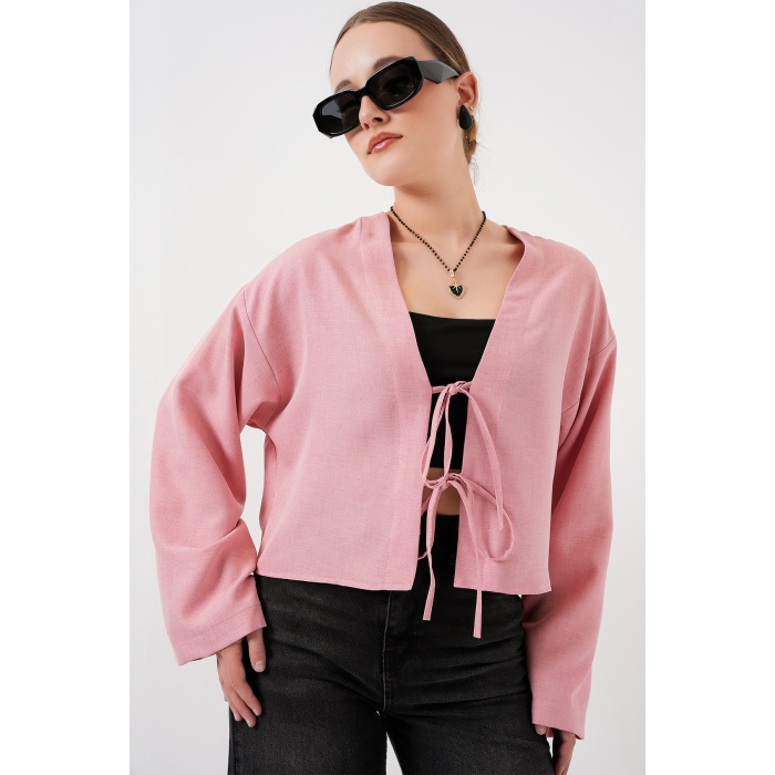 Önü Bağlamalı Keten Kimono 960 - Pudra