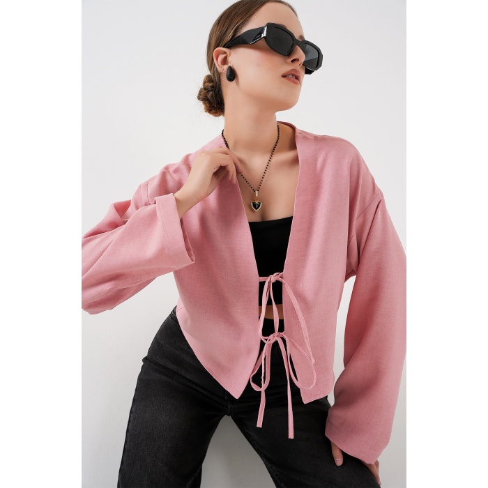 Önü Bağlamalı Keten Kimono 960 - Pudra