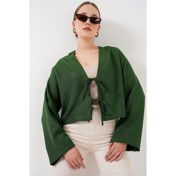 Önü Bağlamalı Keten Kimono 960 - Zümrüt Yeşili