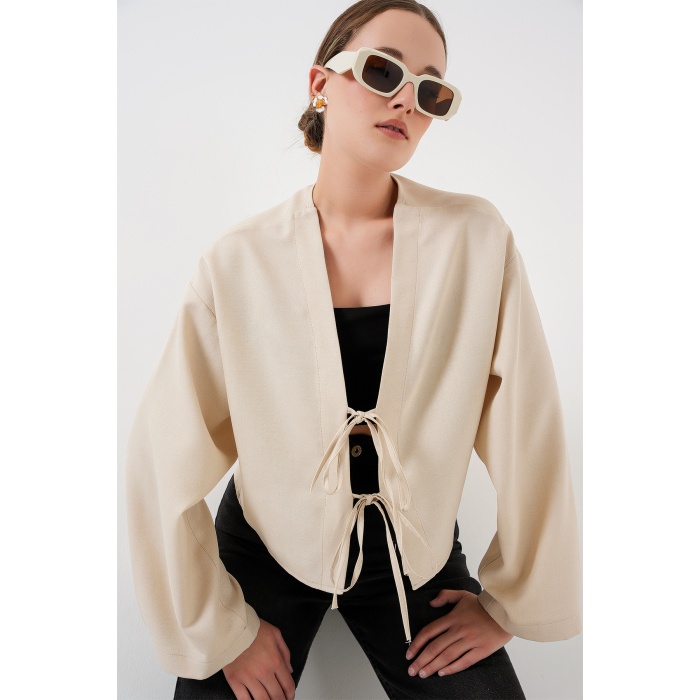Önü Bağlamalı Keten Kimono 960 - Krem