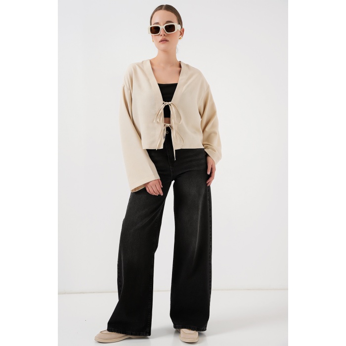 Önü Bağlamalı Keten Kimono 960 - Krem