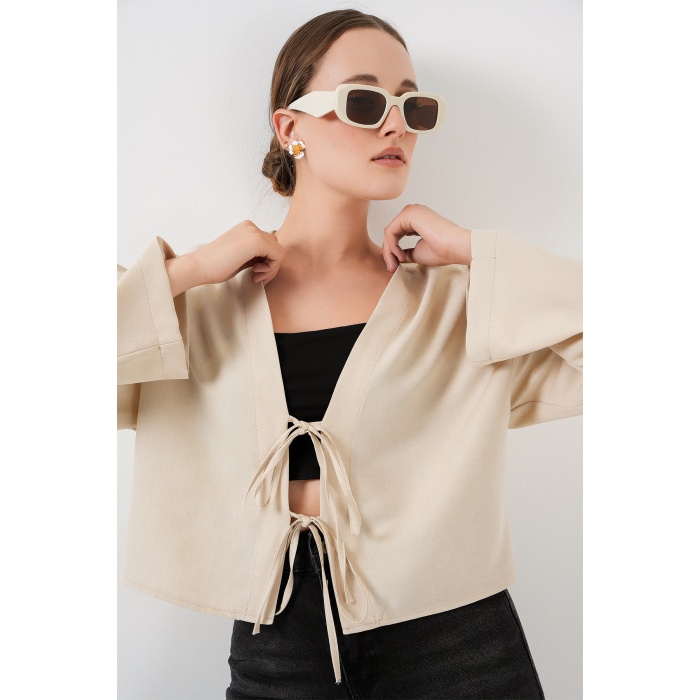 Önü Bağlamalı Keten Kimono 960 - Krem