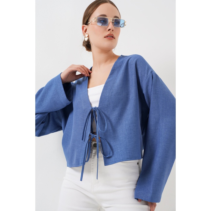 Önü Bağlamalı Keten Kimono 960 - İndigo