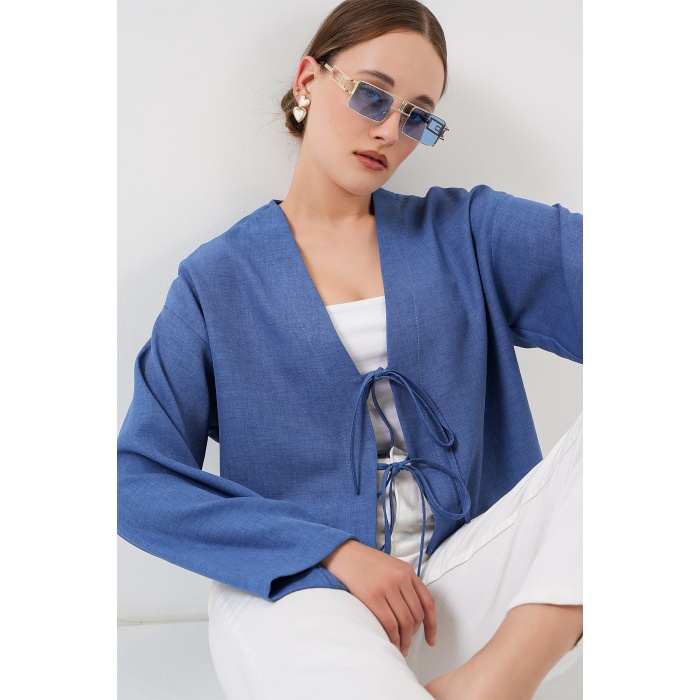 Önü Bağlamalı Keten Kimono 960 - İndigo