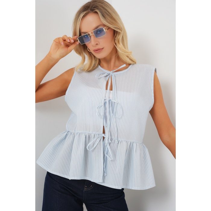 Kadın Önü Bağlamalı Bluz 961 - Mavi
