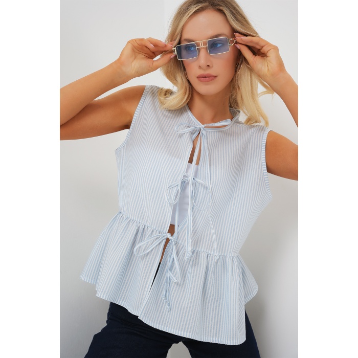 Kadın Önü Bağlamalı Bluz 961 - Mavi