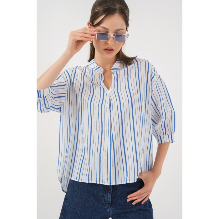 Kadın Çizgili Oversize Bluz 967 - Mavi