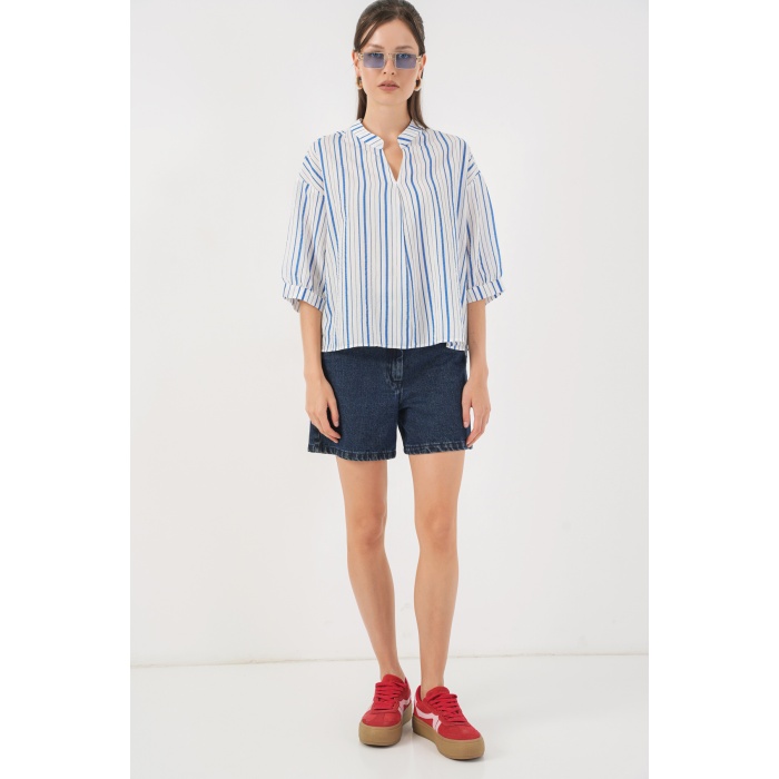 Kadın Çizgili Oversize Bluz 967 - Mavi