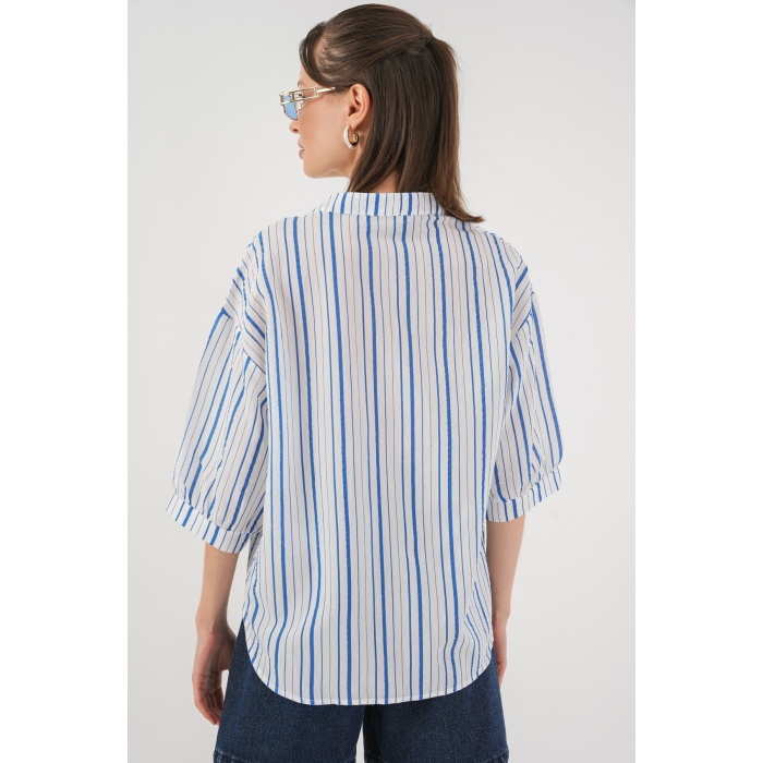 Kadın Çizgili Oversize Bluz 967 - Mavi