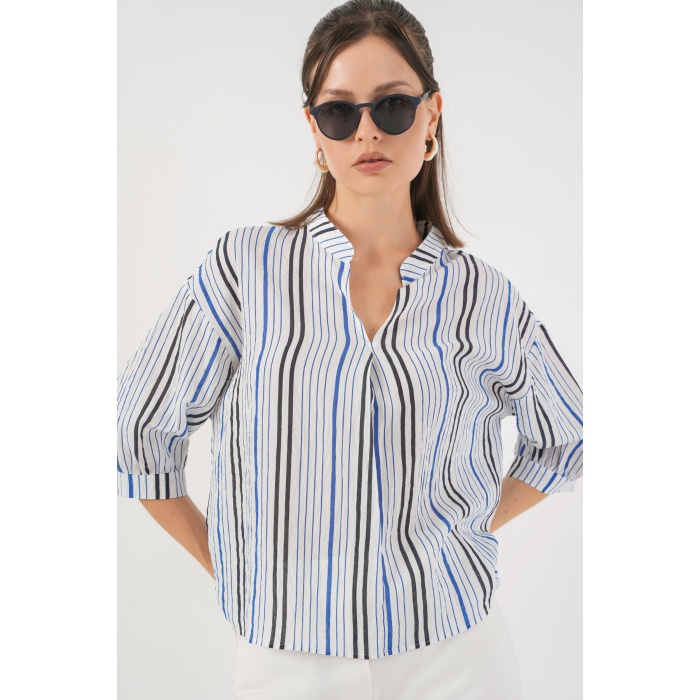 Kadın Çizgili Oversize Bluz 967 - Lacivert