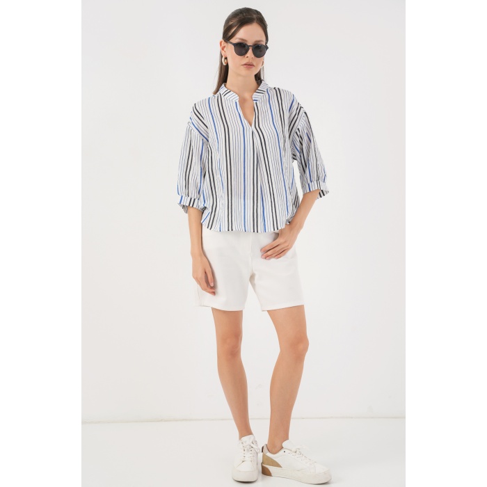 Kadın Çizgili Oversize Bluz 967 - Lacivert