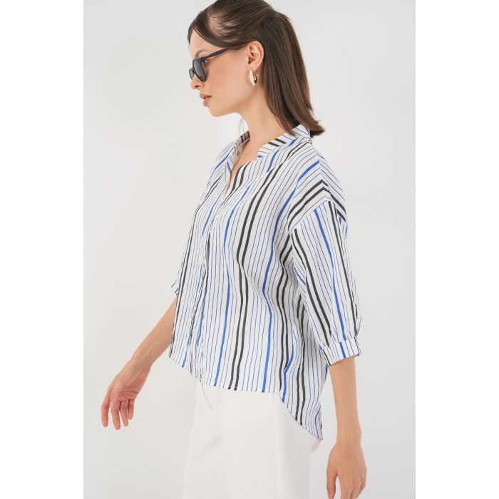 Kadın Çizgili Oversize Bluz 967 - Lacivert