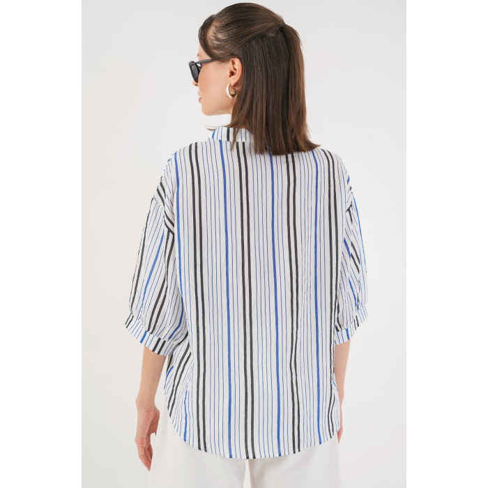 Kadın Çizgili Oversize Bluz 967 - Lacivert