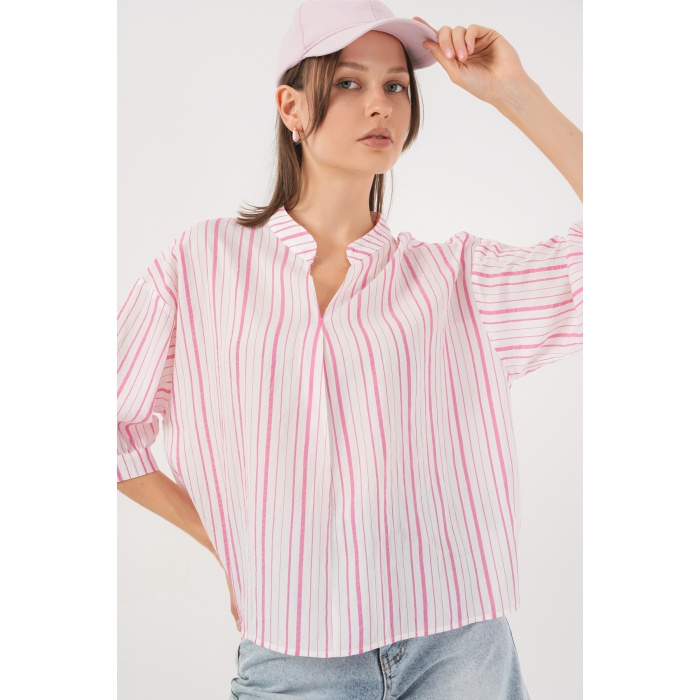 Kadın Çizgili Oversize Bluz 967 - Pudra