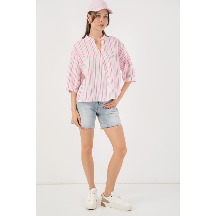 Kadın Çizgili Oversize Bluz 967 - Pudra