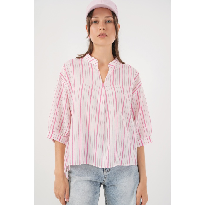 Kadın Çizgili Oversize Bluz 967 - Pudra