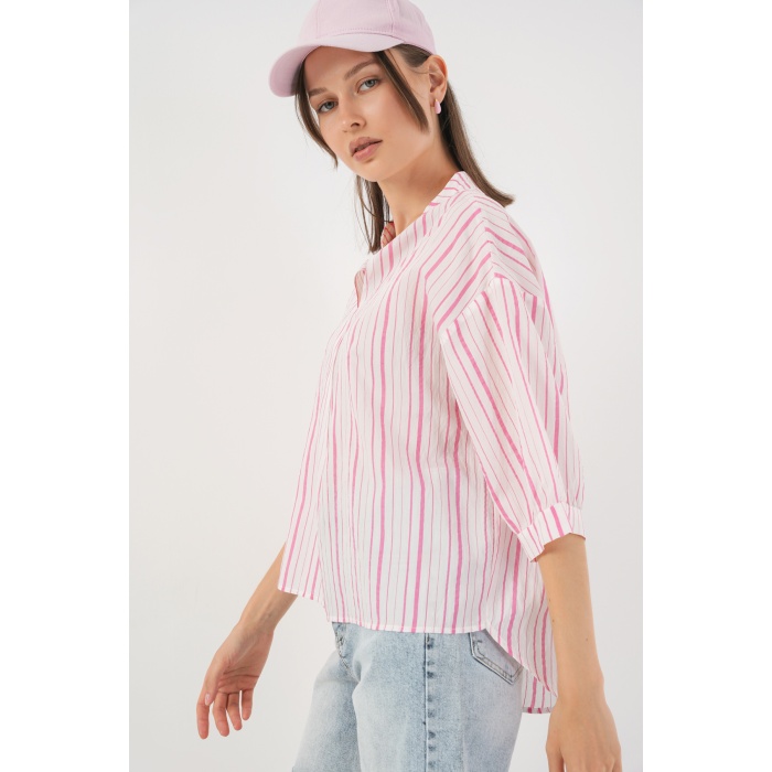 Kadın Çizgili Oversize Bluz 967 - Pudra