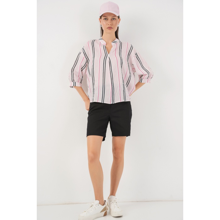 Kadın Çizgili Oversize Bluz 967 - Pembe