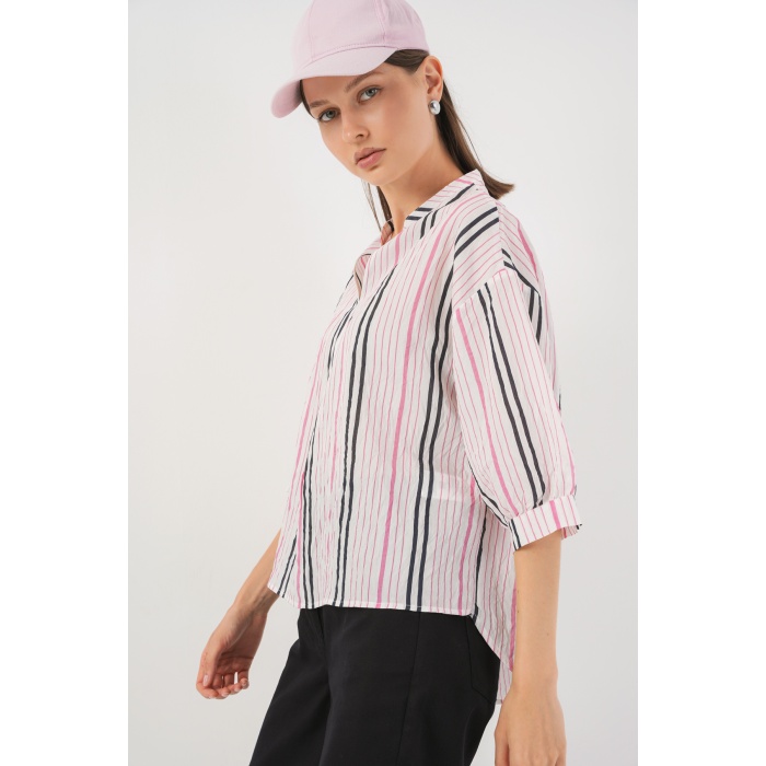 Kadın Çizgili Oversize Bluz 967 - Pembe