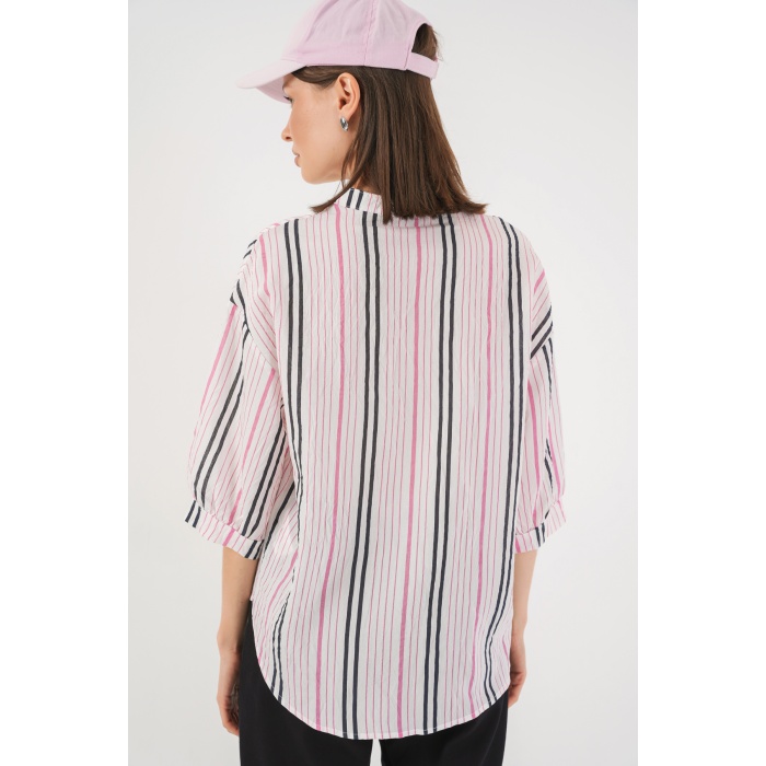 Kadın Çizgili Oversize Bluz 967 - Pembe