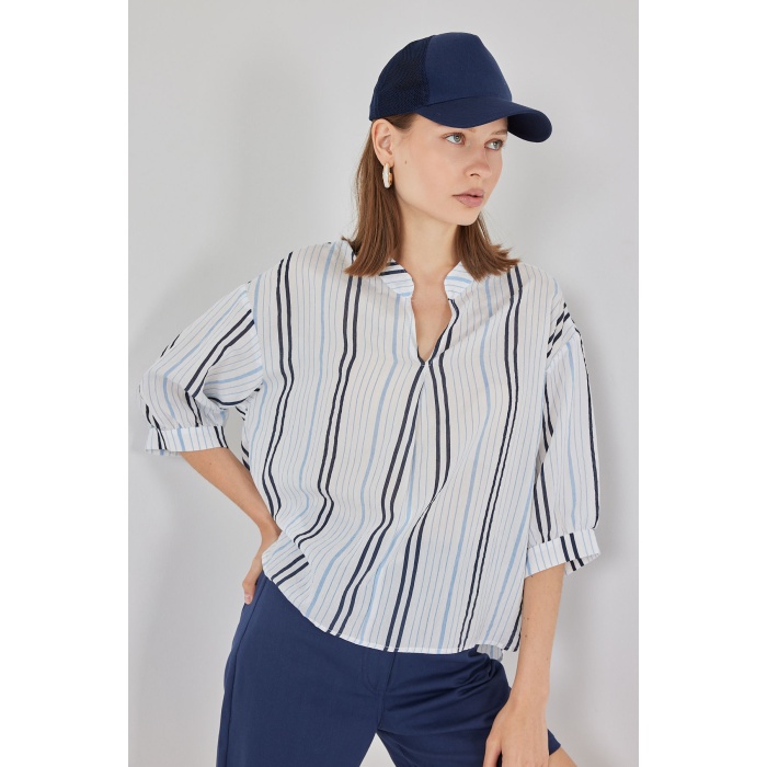 Kadın Çizgili Oversize Bluz 967 - Açık Mavi