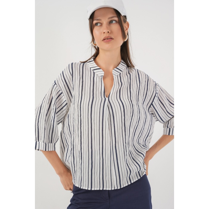 Kadın Çizgili Oversize Bluz 967 - F.Lacivert
