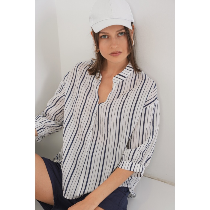 Kadın Çizgili Oversize Bluz 967 - F.Lacivert