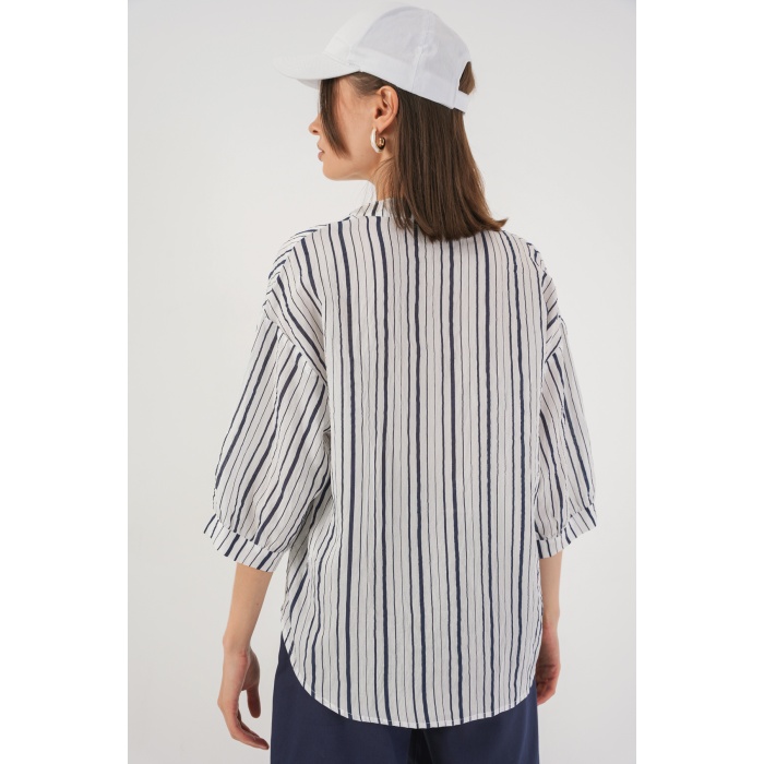 Kadın Çizgili Oversize Bluz 967 - F.Lacivert