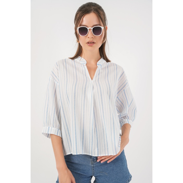 Kadın Çizgili Oversize Bluz 967 - A.Mavi