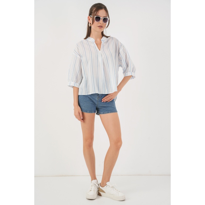 Kadın Çizgili Oversize Bluz 967 - A.Mavi