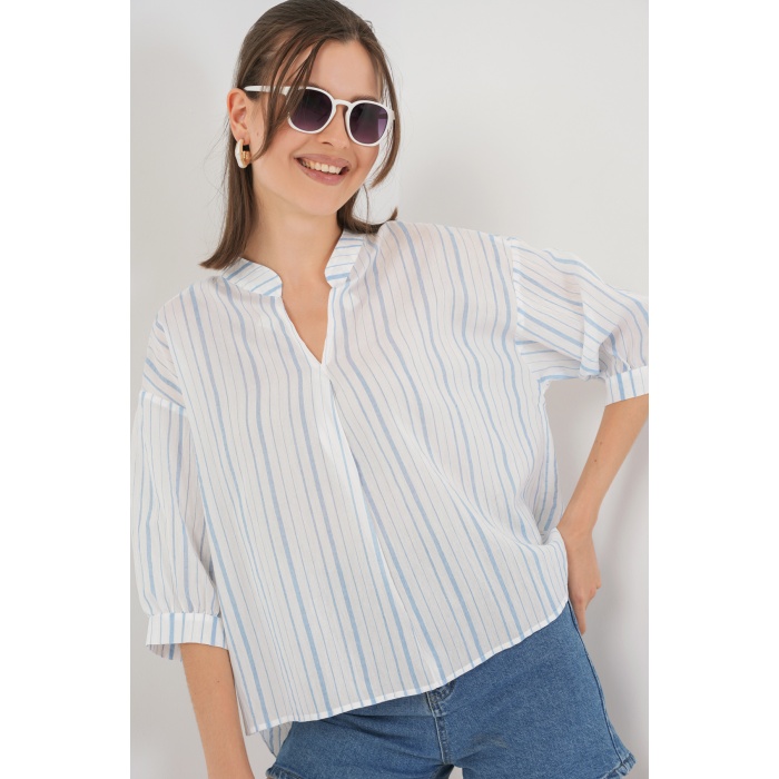 Kadın Çizgili Oversize Bluz 967 - A.Mavi