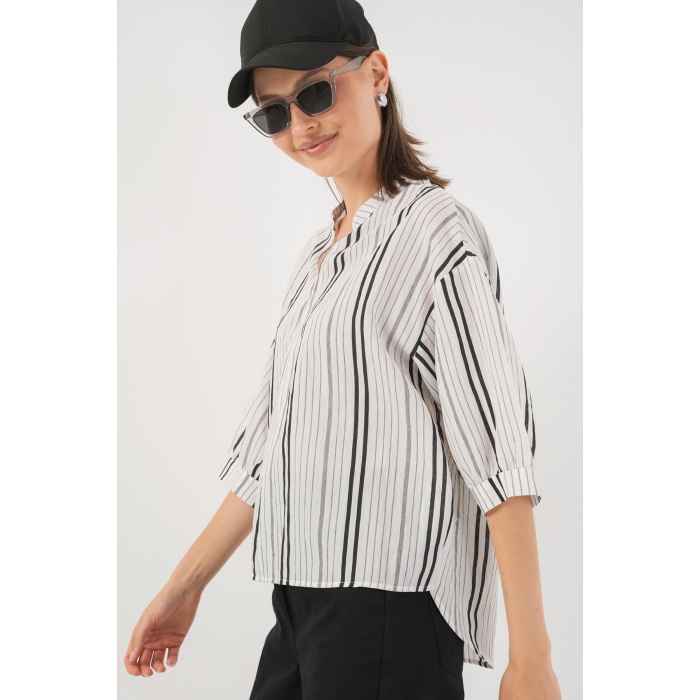 Kadın Çizgili Oversize Bluz 967 - Taş