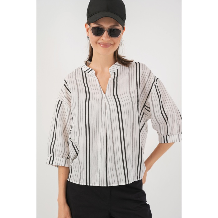 Kadın Çizgili Oversize Bluz 967 - Taş