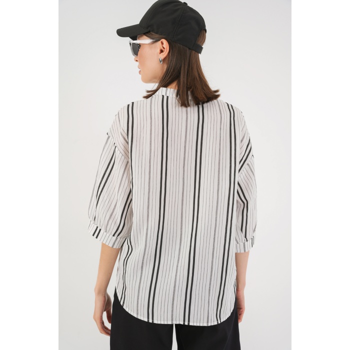 Kadın Çizgili Oversize Bluz 967 - Taş