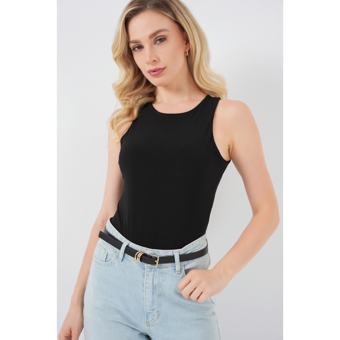 Kadın Halter Yaka Çıtçıtlı Body 972 - Siyah