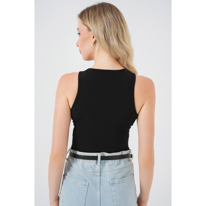 Kadın Halter Yaka Çıtçıtlı Body 972 - Siyah