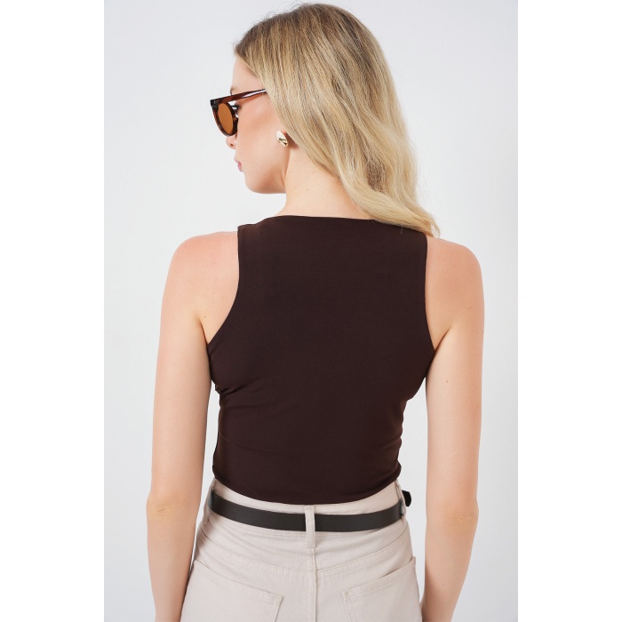 Kadın Halter Yaka Çıtçıtlı Body 972 - Kahverengi