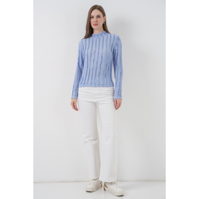 Kadın Dokulu Esnek Örme Bluz 975 - Mavi