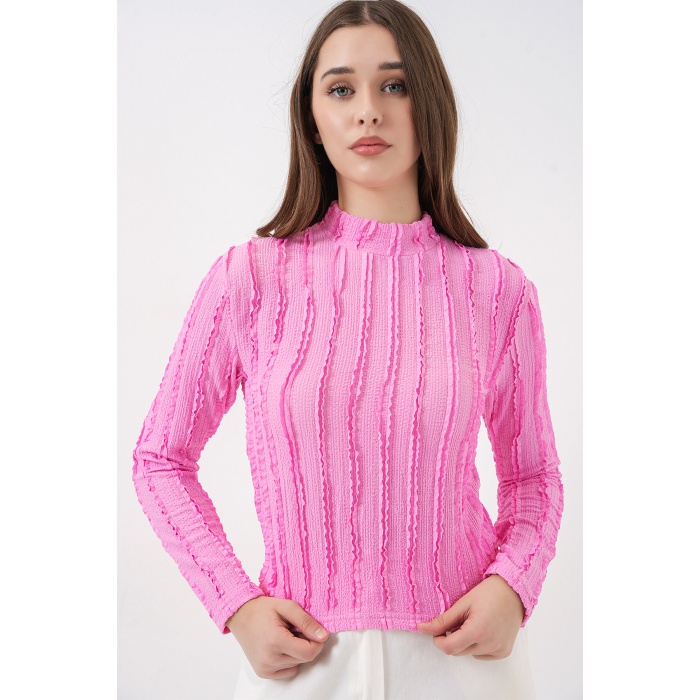 Kadın Dokulu Esnek Örme Bluz 975 - Pembe