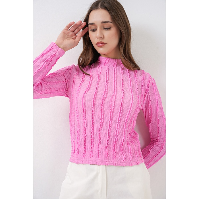 Kadın Dokulu Esnek Örme Bluz 975 - Pembe