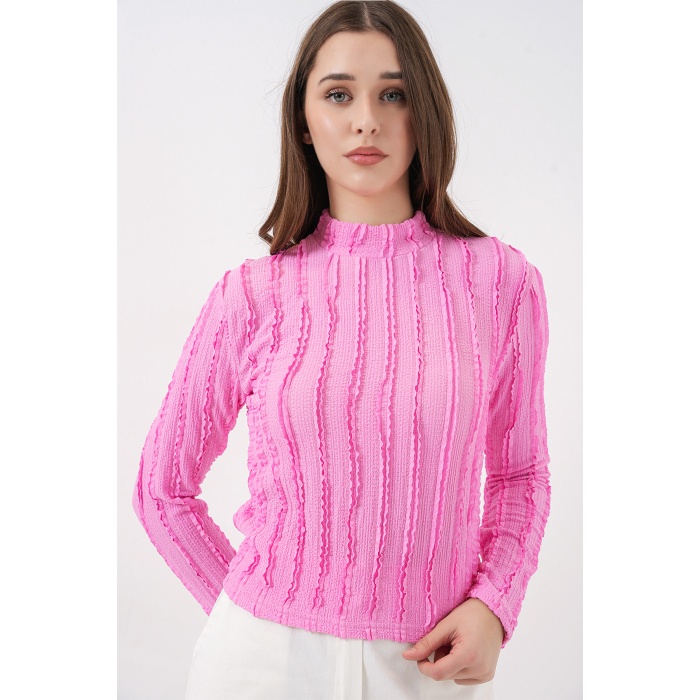 Kadın Dokulu Esnek Örme Bluz 975 - Pembe